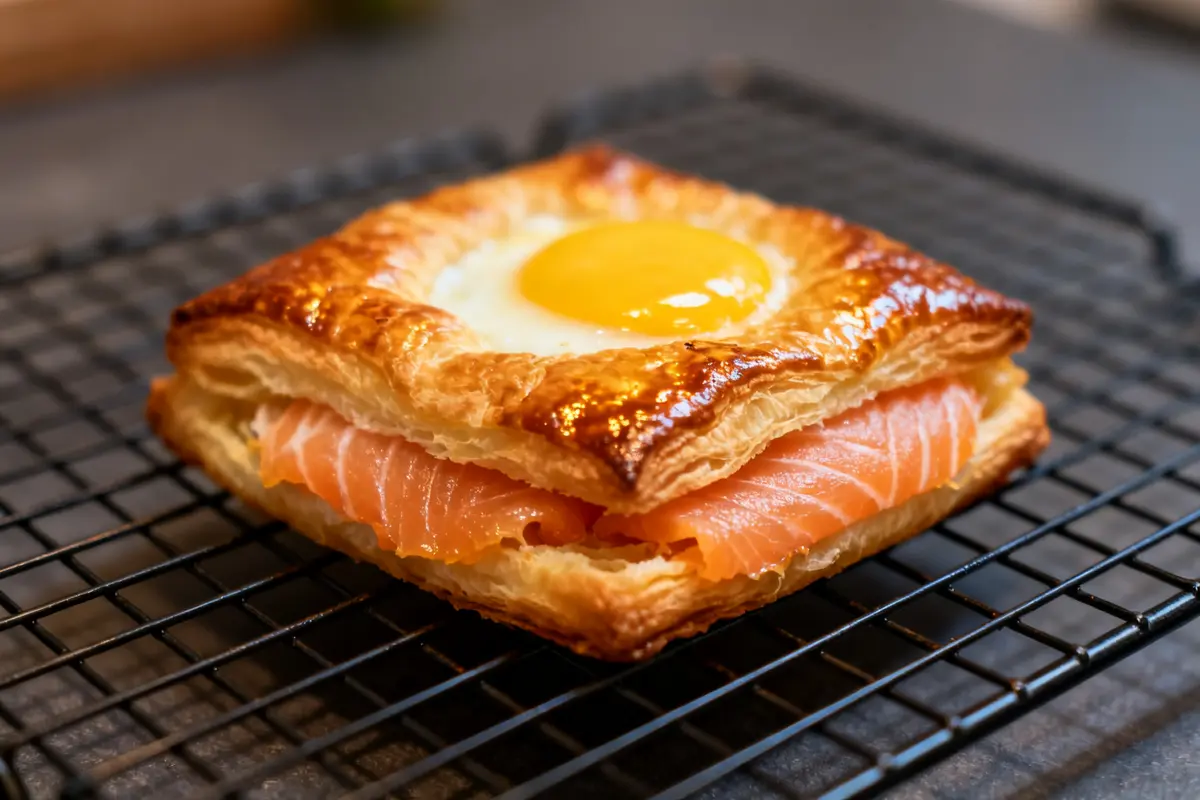 Feuilleté au saumon garni d'un œuf sur le dessus sur grille noircie