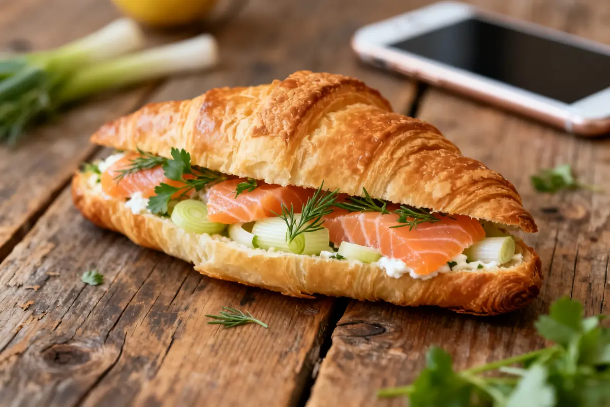 Feuilleté au saumon avec fromage, aneth et ciboulette sur planche en bois rustique