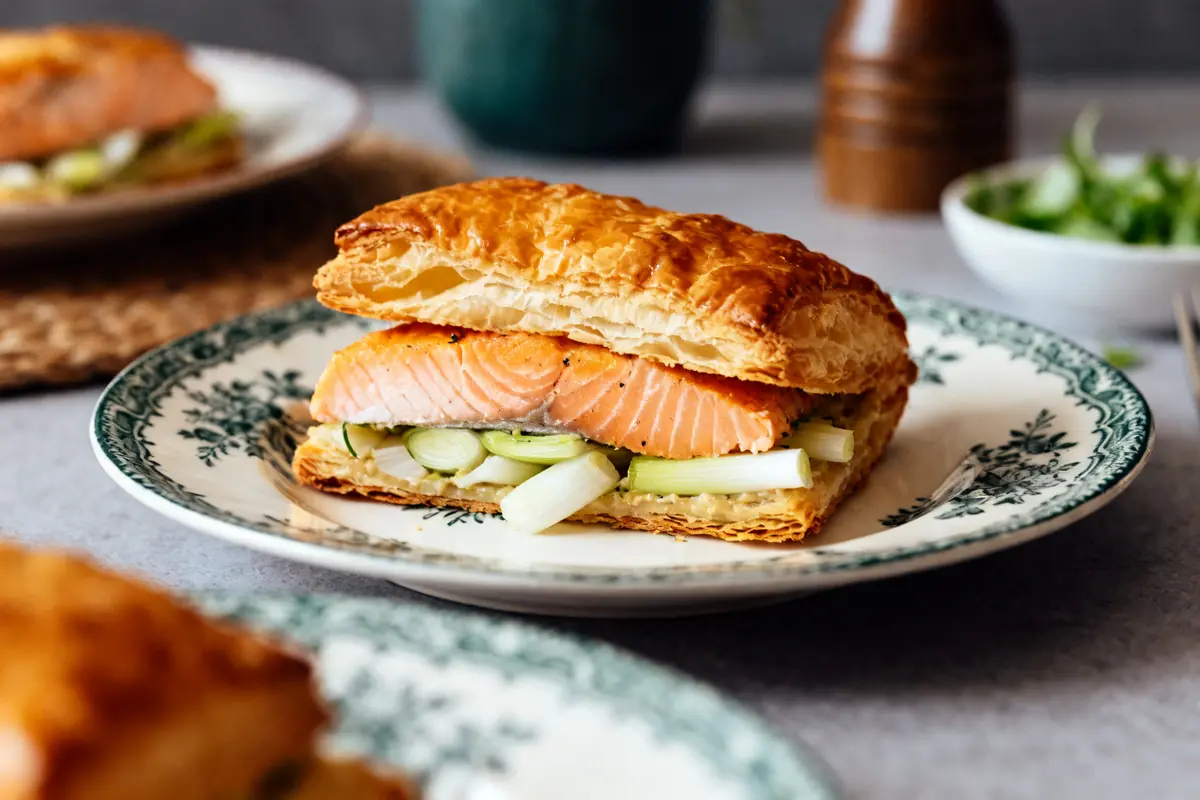 Feuilleté au saumon sur assiette, garni de tranches de saumon et d'oignons verts