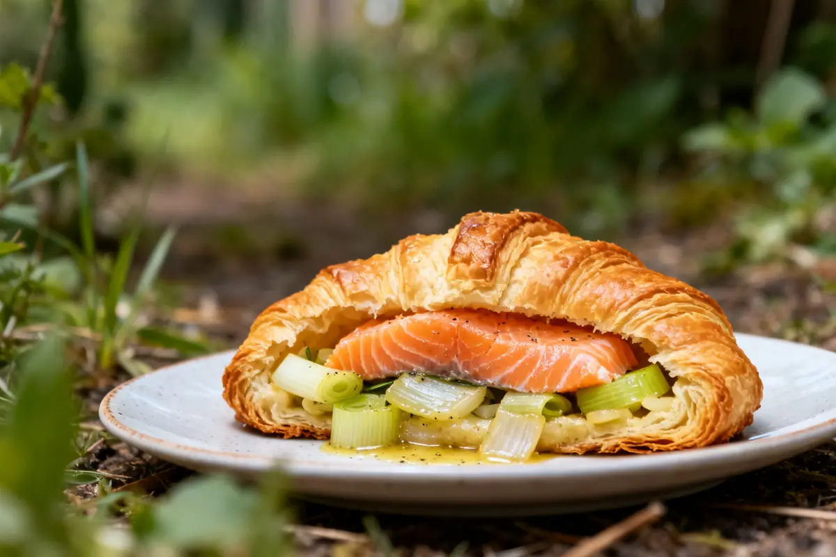 Feuilleté au saumon avec poireaux sur assiette blanche en extérieur sans guillemets