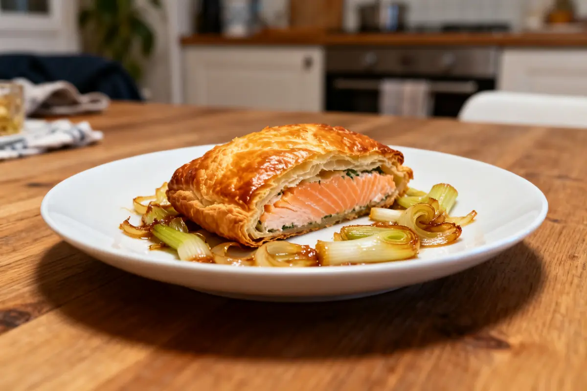 Feuilleté au saumon avec poireaux caramélisés sur assiette blanche dans cuisine chaleureuse