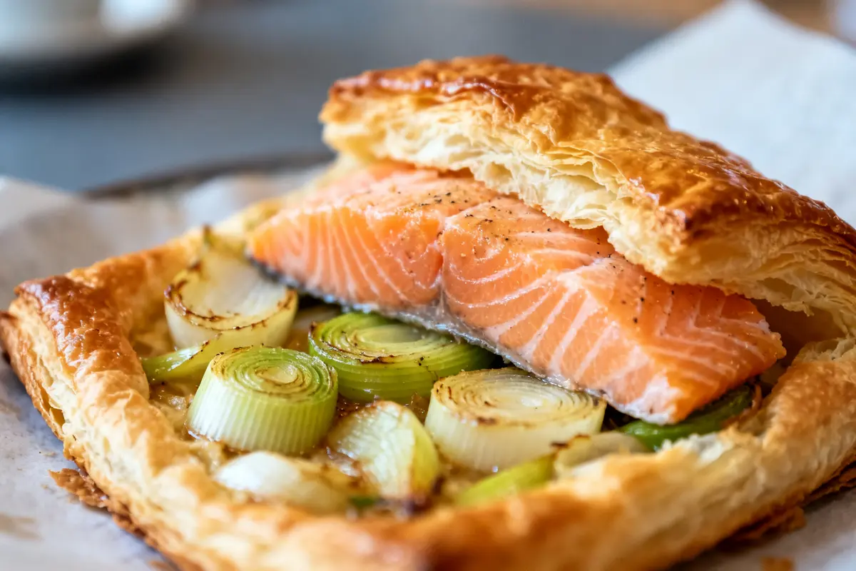 Feuilleté au saumon avec poireaux grillés et pâte dorée croustillante