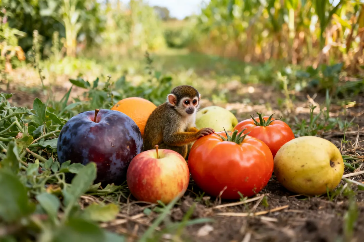 Petit singe entouré de fruits en T, comme tomates et pommes, dans un champ verdoyant