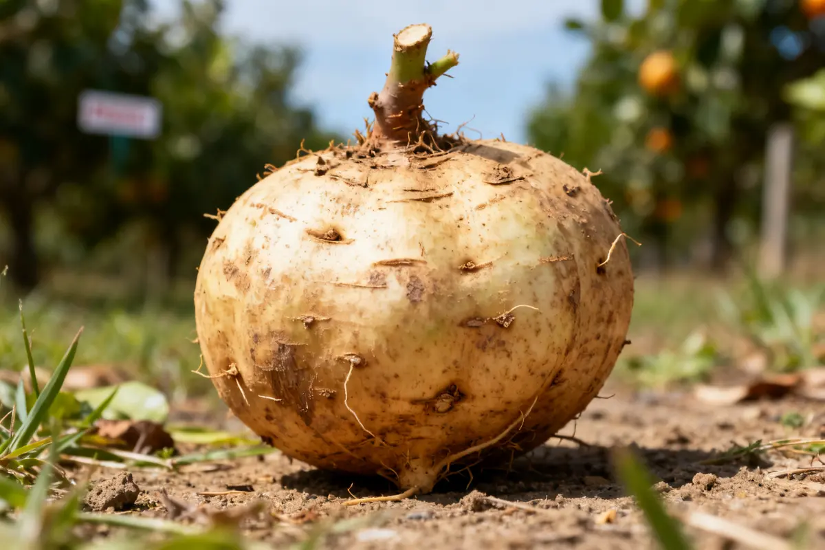 Gros légume en J posé sur terre dans un champ en arrière-plan flou