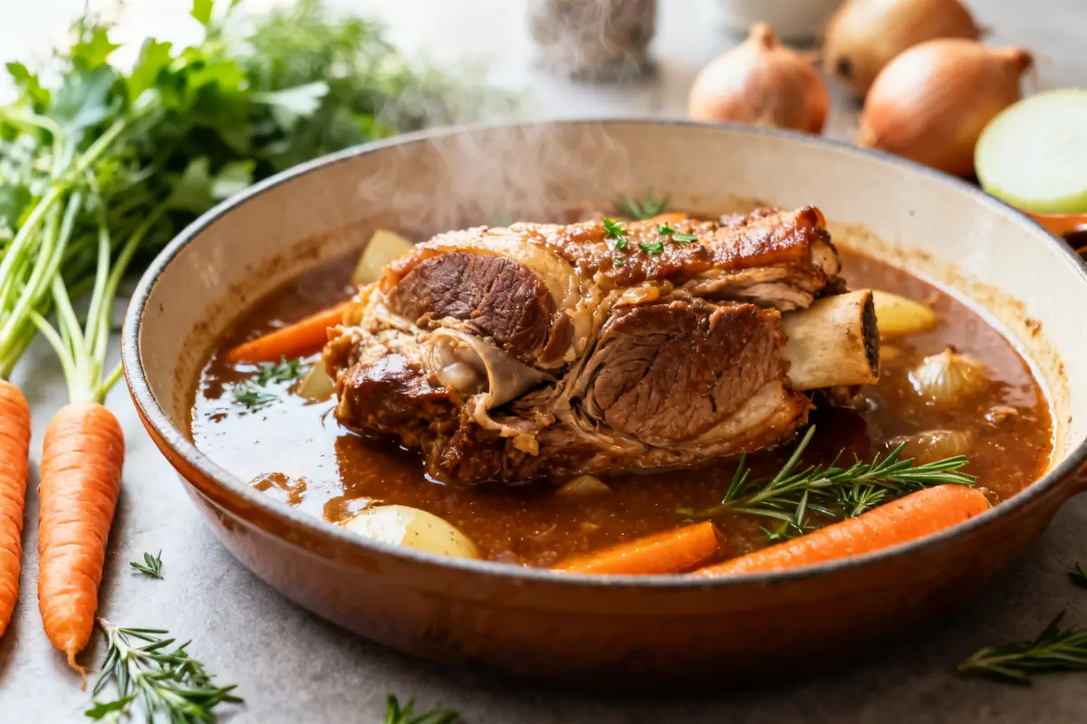Cocotte de joue de porc façon grand-mère avec légumes et herbes aromatiques.