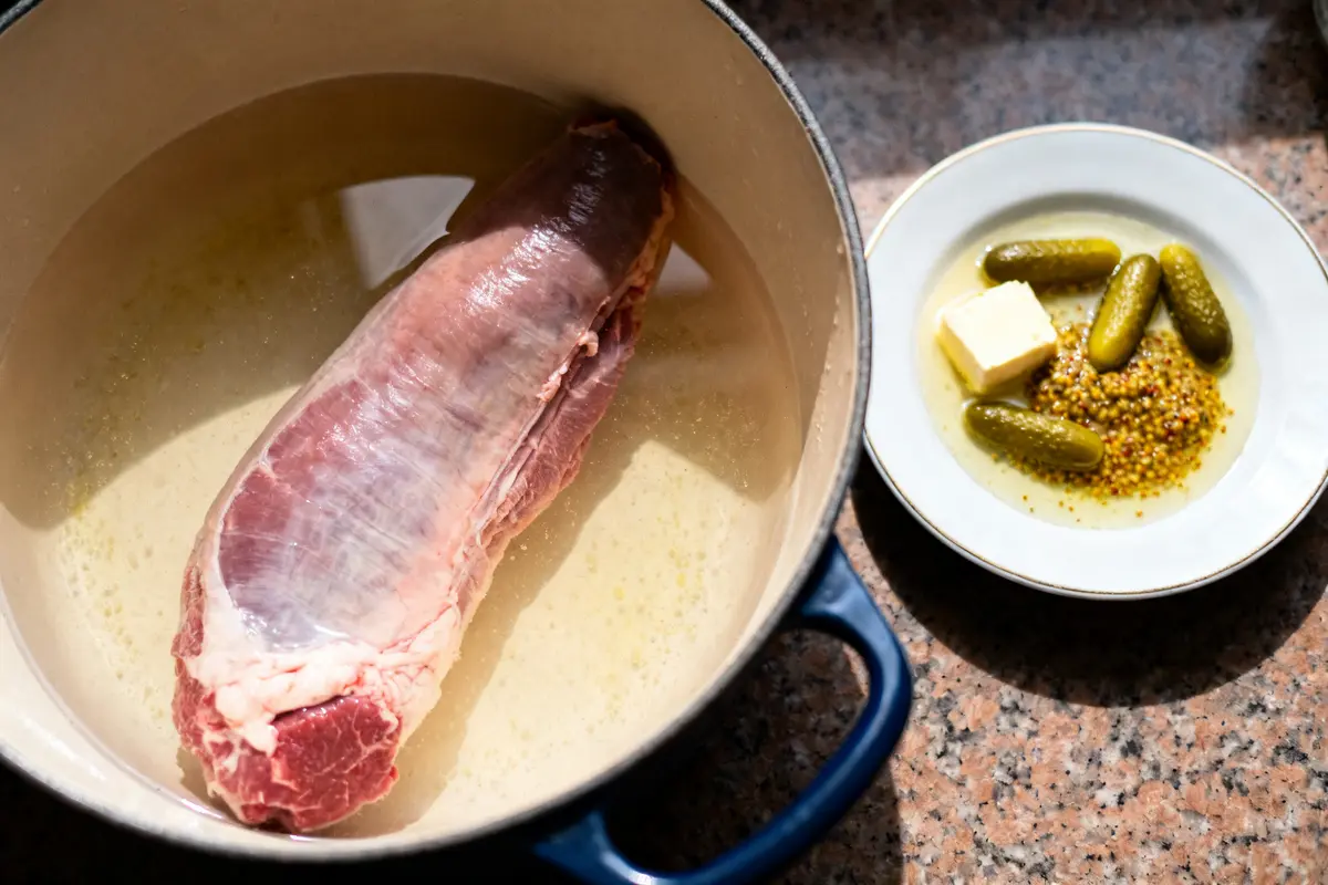 Langue de bœuf bouillant pour sauce piquante avec cornichons et moutarde en préparation