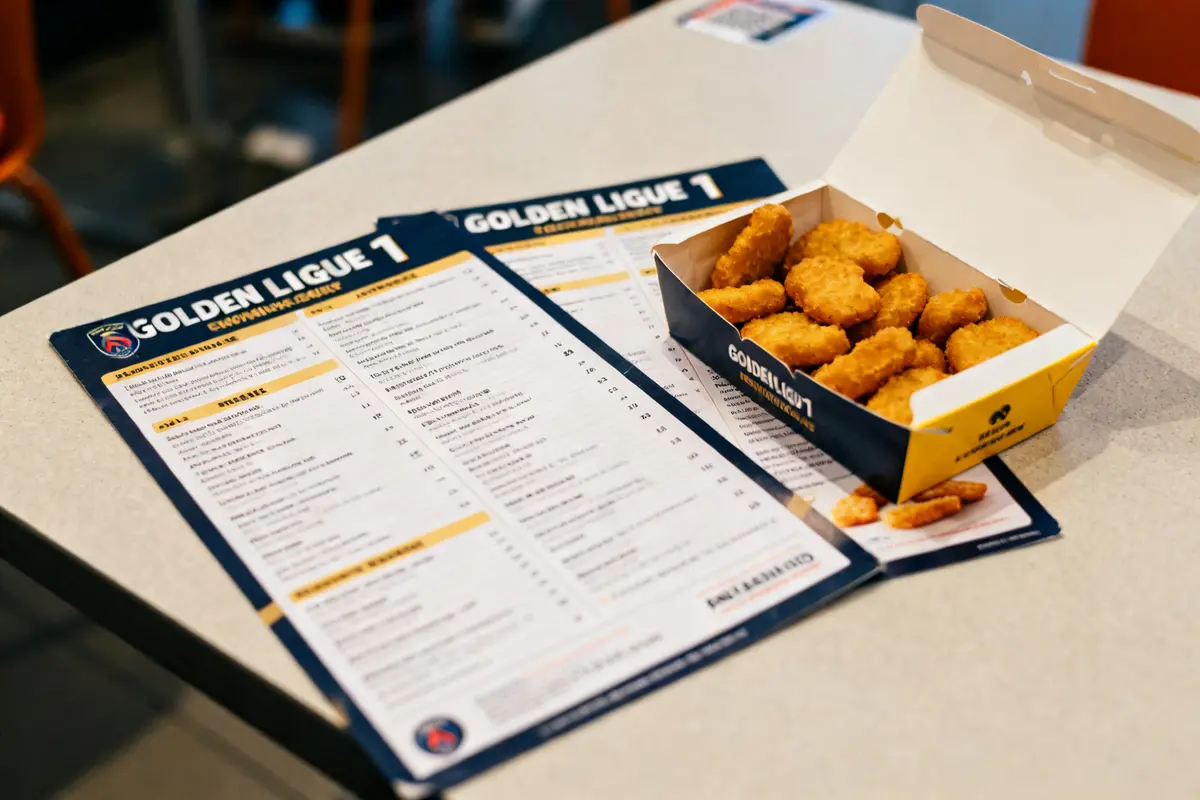 Feuilles de menu Golden Ligue 1 et boîte de nuggets sur table blanche