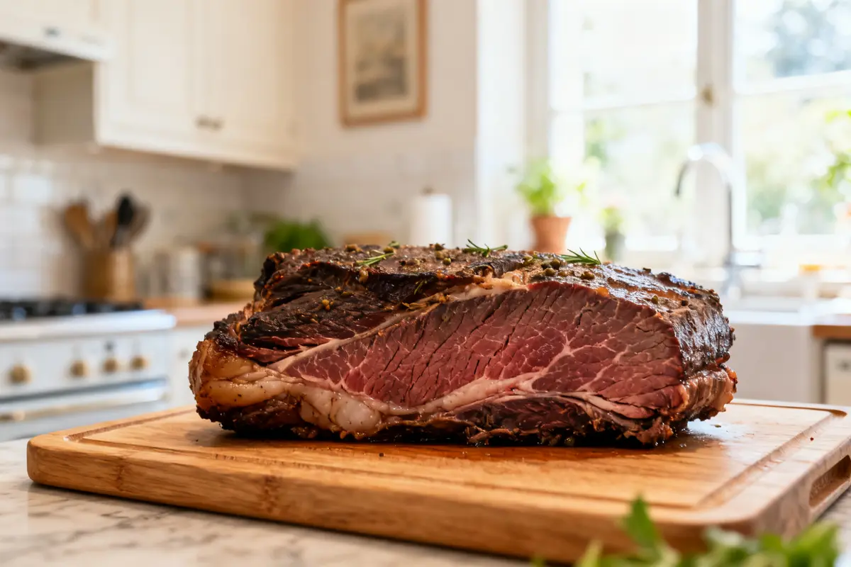 Tranche de merlan de boeuf cru sur planche en cuisine lumineuse