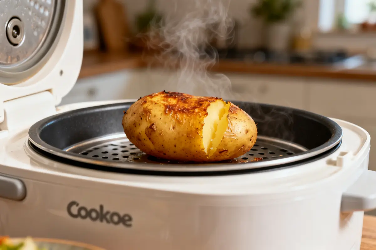 Cuisson de pomme de terre grenaille au Cookeo avec vapeur visible dans la cuisine