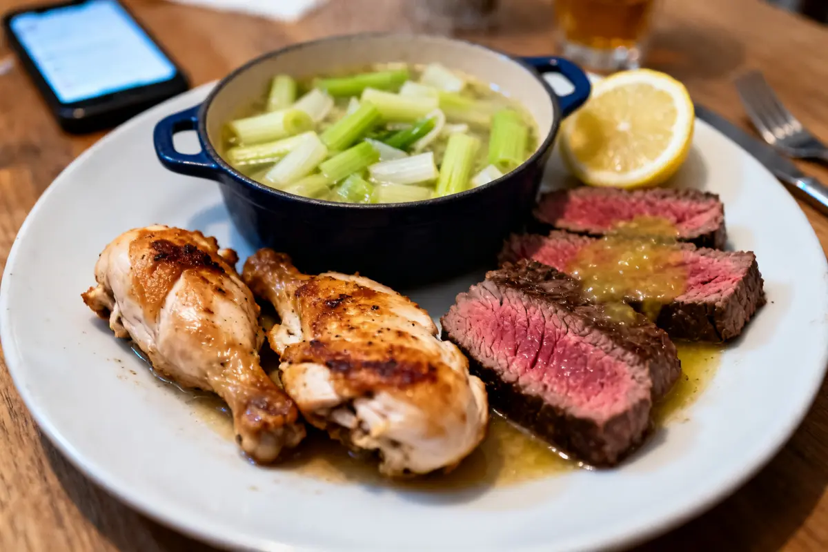 Assiette avec viande rôtie, fondue de poireaux, quelle viande pour accompagner une fondue de poireaux
