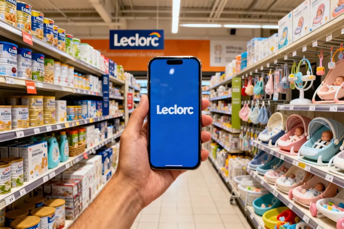 Téléphone affichant Leclerc dans un rayon bébé signalant un rappel de produit chez Leclerc