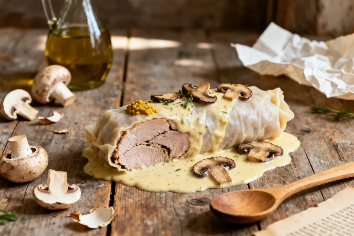 Crépinettes à la sauce crémeuse aux champignons sur table en bois recette de crépinette rustique