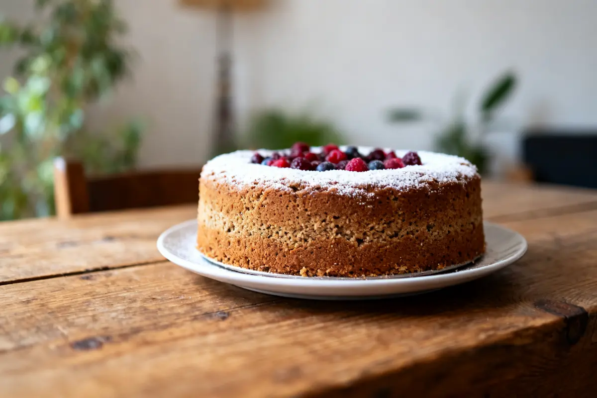 Gâteau sans sucre avec fruits rouges sur table bois, recette de gâteau pour diabétique sans sucre