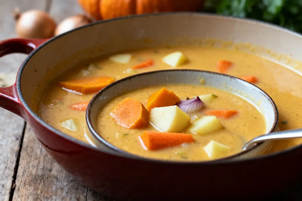 Marmite de soupe au potiron aux légumes, recette de grand-mère de soupe au potiron.
