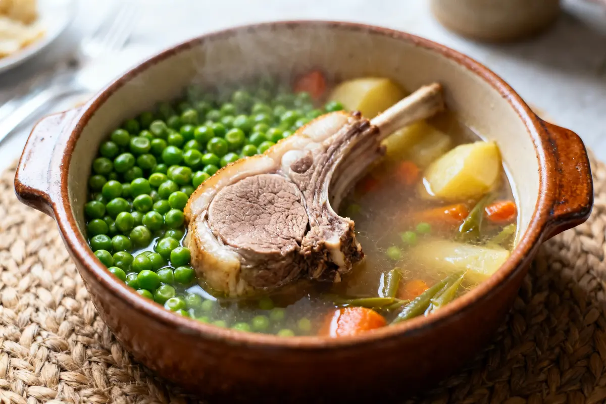 Plat de recette de navarin d'agneau de grand-mère avec pois, carottes et pommes de terre