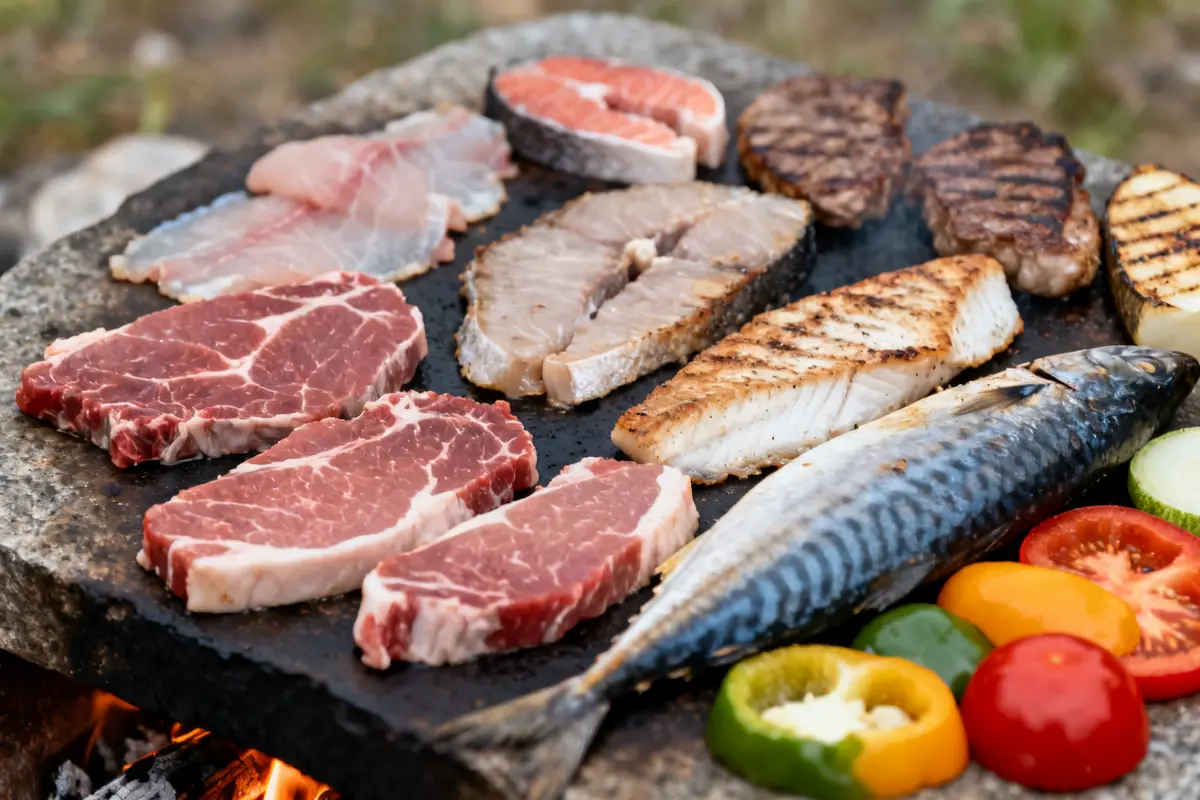 Viandes et poissons grillés sur pierre chaude pour une délicieuse recette de pierrade conviviale
