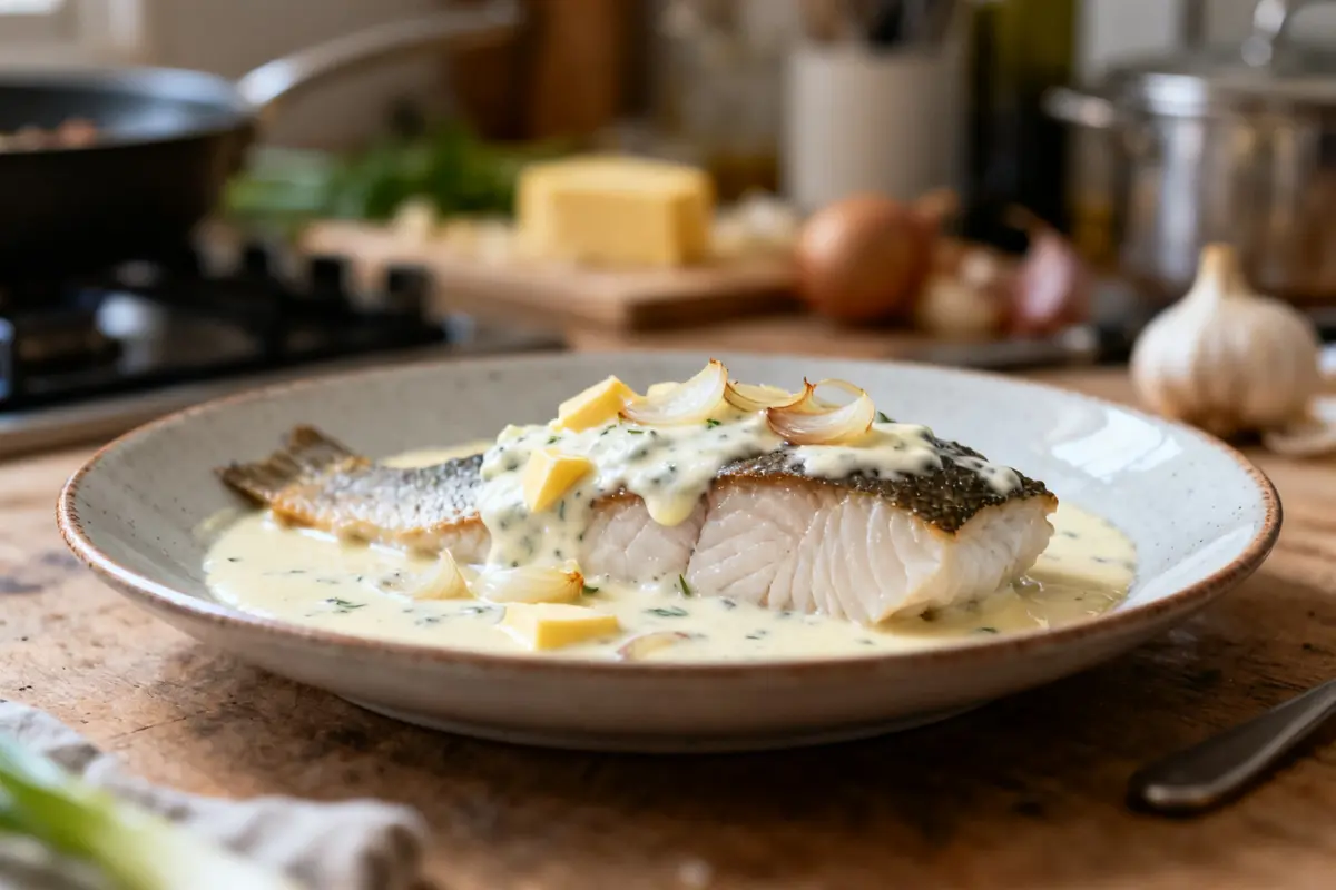 Filet de poisson nappé de sauce crémeuse dans une recette de poisson en sauce savoureuse