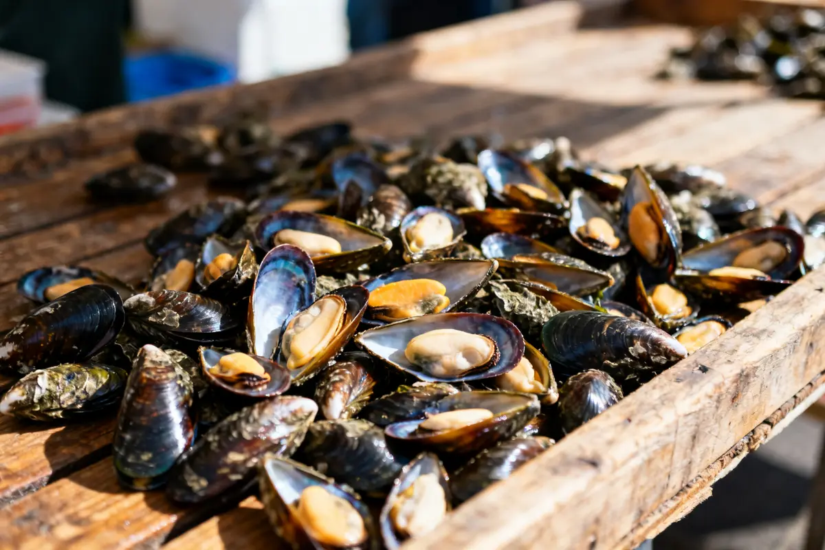Des moules fraîches éparpillées sur une table en bois signalent la saison des moules abondante