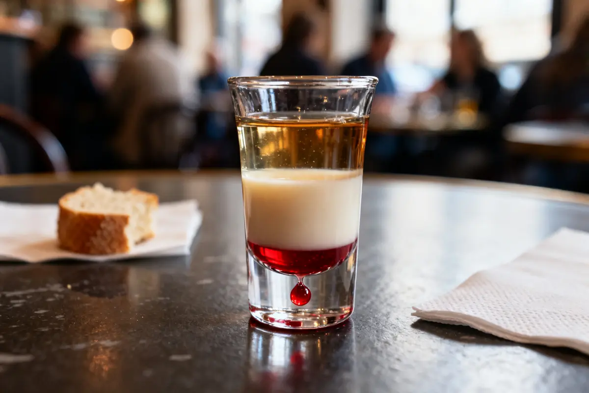 Verre de cocktail slippery nipple sur table avec tranche de pain en arrière-plan