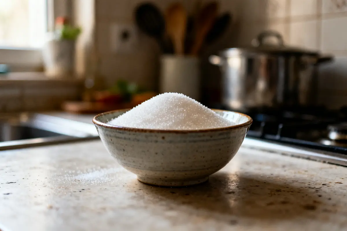 Bol de sucre glace sur une table de cuisine en arrière-plan flou