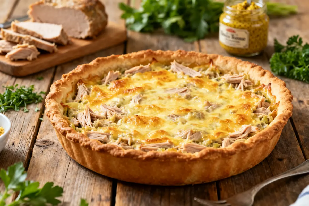 Tarte au thon grand-mère dorée, garnie de thon effiloché sur table en bois rustique