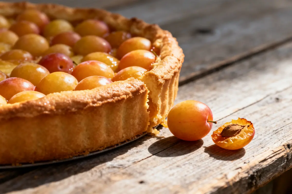 Tarte aux mirabelles congelées sur une table en bois avec mirabelle entière et coupée