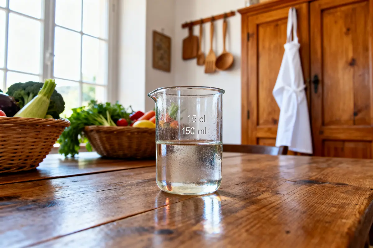 Verre doseur sur table en bois, entouré de paniers de légumes, dans une cuisine lumineuse.