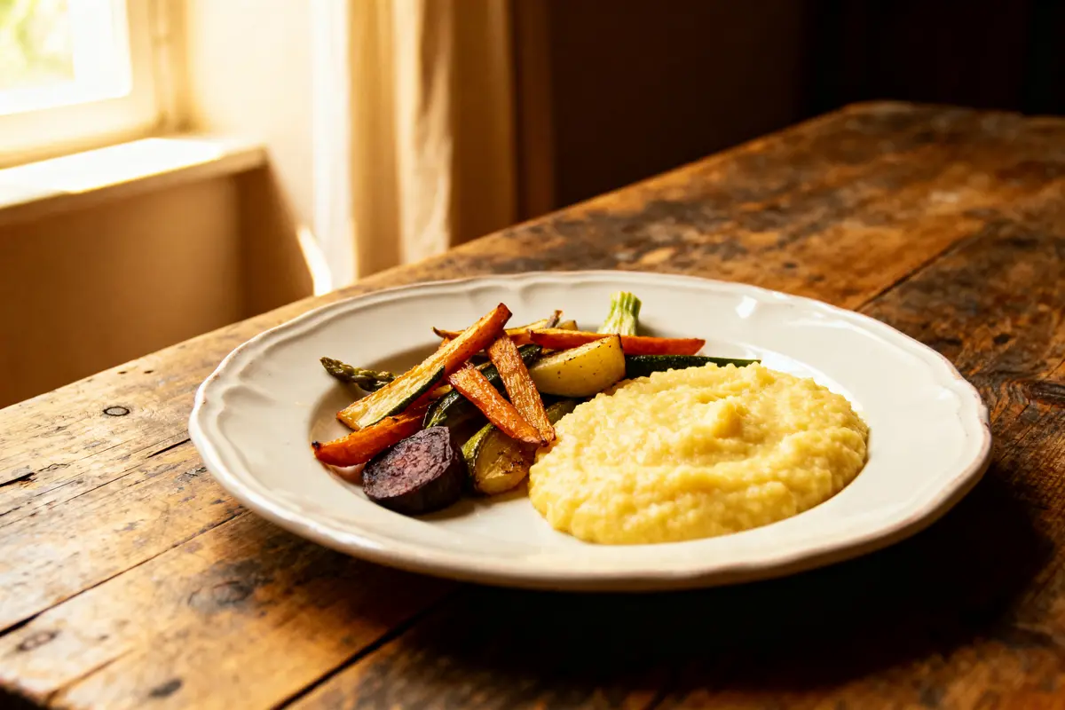 Assiette de polenta avec légumes rôtis, sur table en bois près d'une fenêtre éclairée.