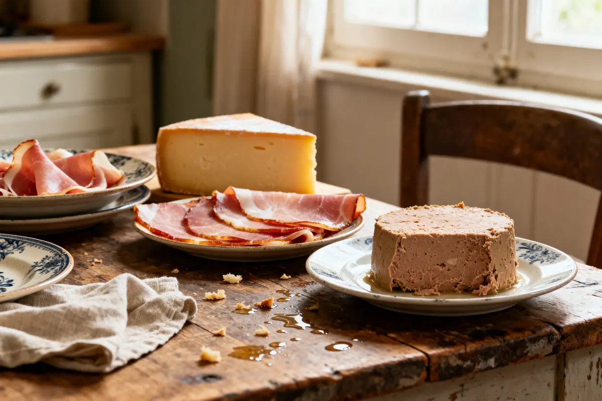 Assiette de charcuterie et fromage sur une table en bois près d'une fenêtre éclairée.
