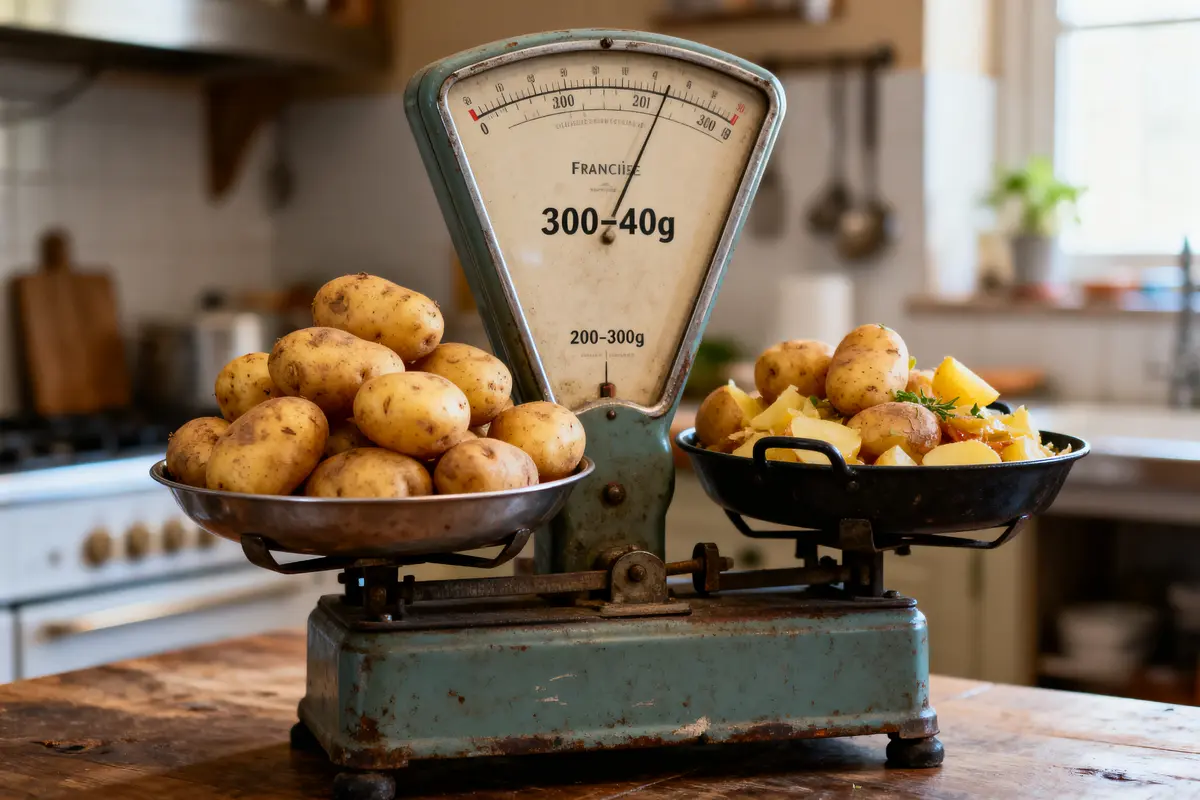 Balance de cuisine ancienne avec pommes de terre pesées, posée sur une table en bois.