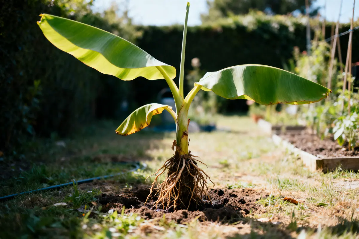Jeune bananier planté en terre, exposé au soleil, dans un jardin avec sol meuble et végétation environnante.