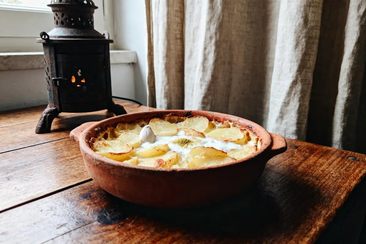 Plat en terre cuite avec gratin de pommes de terre, sur table en bois, à côté d'une lanterne.