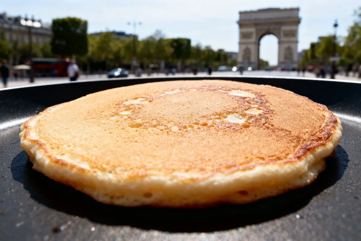 Crêpe dorée dans une poêle avec l'Arc de Triomphe en arrière-plan, scène parisienne ensoleillée.
