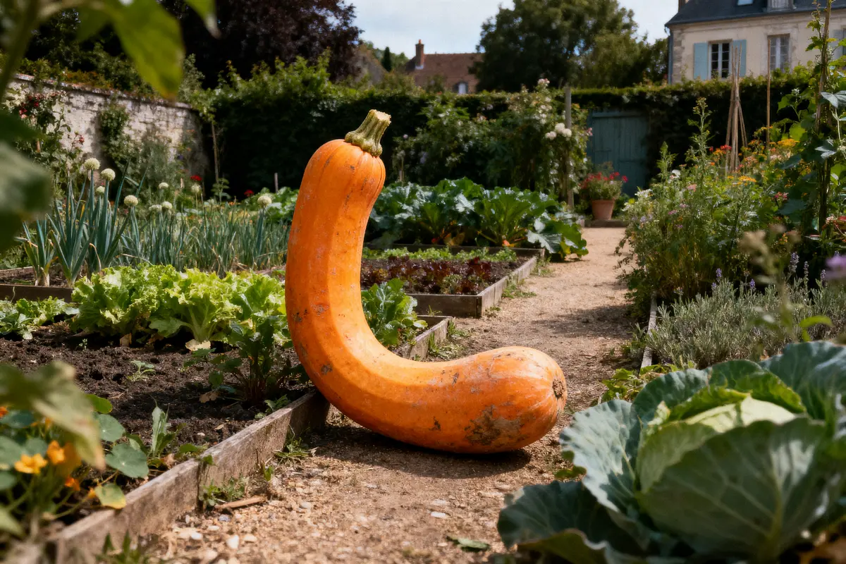 Courgette géante incurvée dans jardin potager lumineux avec légumes variés et chemin en terre.