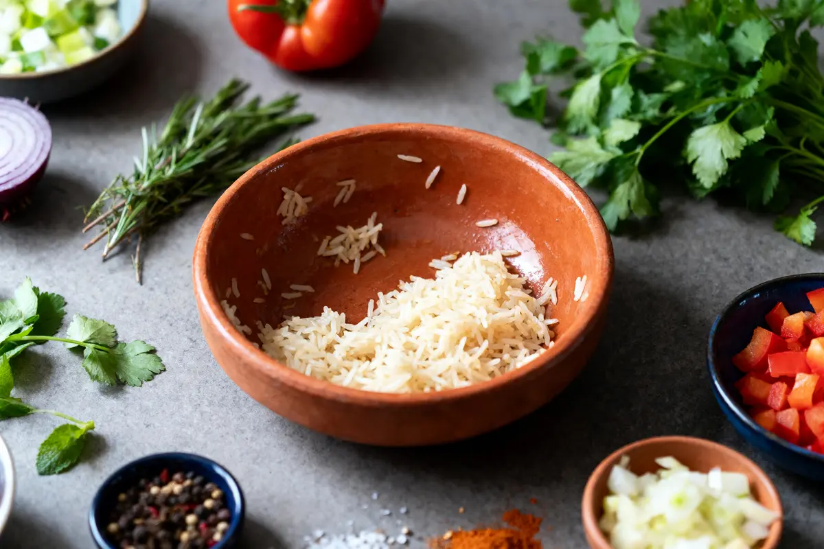 Bol en terre cuite avec du riz, entouré d'herbes, légumes et épices colorés sur une table.