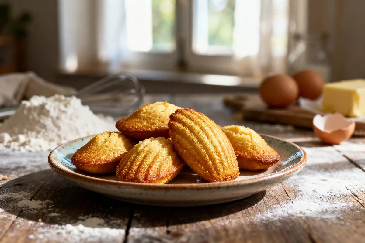 Assiette de madeleines dorées sur table en bois, avec farine, œufs, et beurre en arrière-plan.